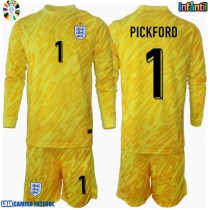 Camisa de Futebol Inglaterra Jordan Pickford #1 Goleiro Equipamento Secundário Infantil Europeu 2024 Manga Comprida (+ Calças curtas)